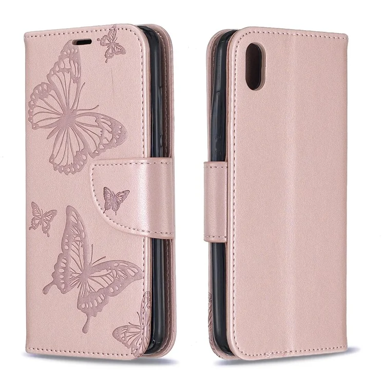 Imprint Butterfly Wallet Stand PU Leather Phone Case for Xiaomi Redmi 7A - Rose Gold