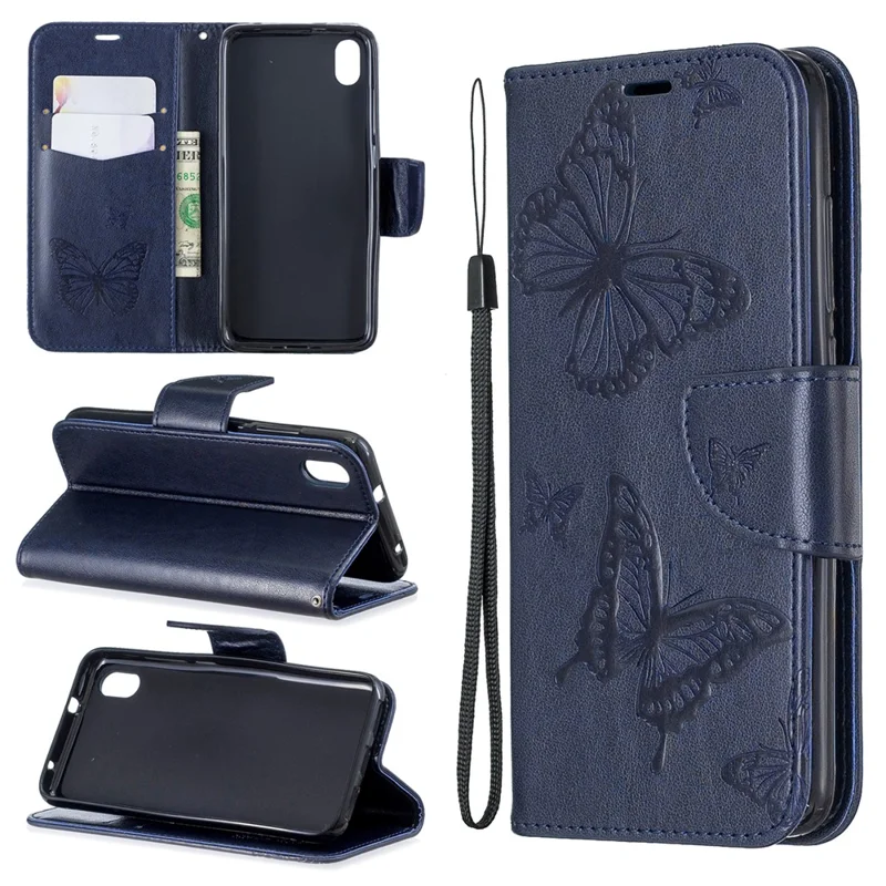 Imprint Butterfly Wallet Stand PU Leather Phone Case for Xiaomi Redmi 7A - Dark Blue