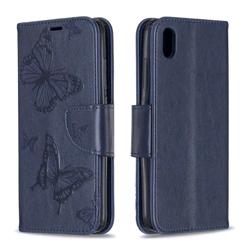 Imprint Butterfly Wallet Stand PU Leather Phone Case for Xiaomi Redmi 7A - Dark Blue