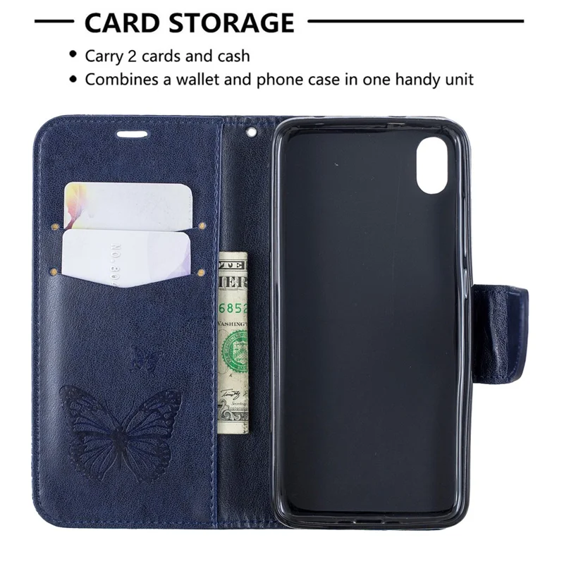 Imprint Butterfly Wallet Stand PU Leather Phone Case for Xiaomi Redmi 7A - Dark Blue