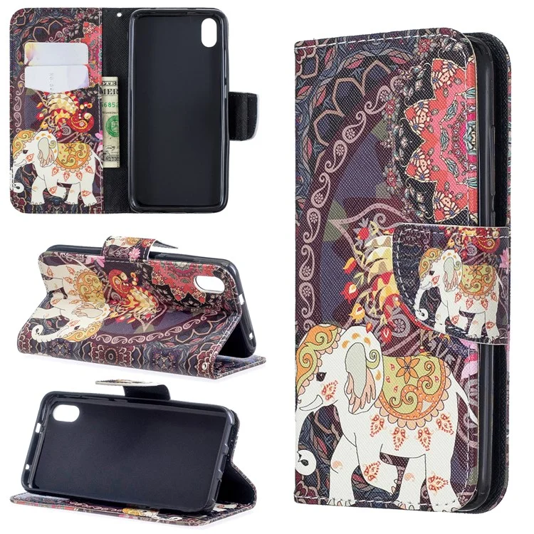 Motif Imprimerie en Cuir Porte-support Pour Xiaomi Redmi 7a - Fleur et Éléphant