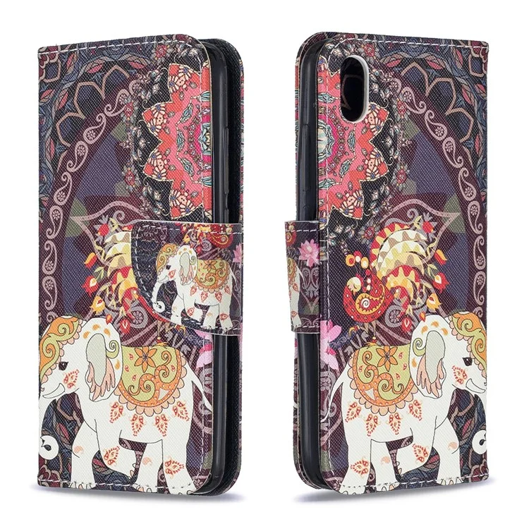 Pattern Printing Leather Wallet Stand Case for Xiaomi Redmi 7A - Flower and Elephant