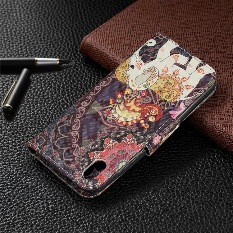 Motif Imprimerie en Cuir Porte-support Pour Xiaomi Redmi 7a - Fleur et Éléphant