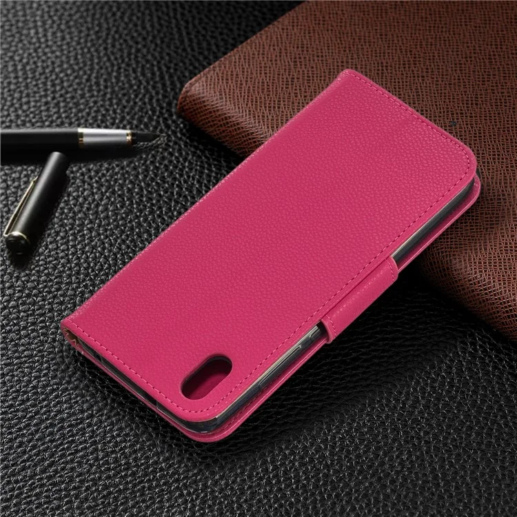 Litchi Texture Leather Wallet Stand Phone Cover with Strap for Xiaomi Redmi 7A - Rose