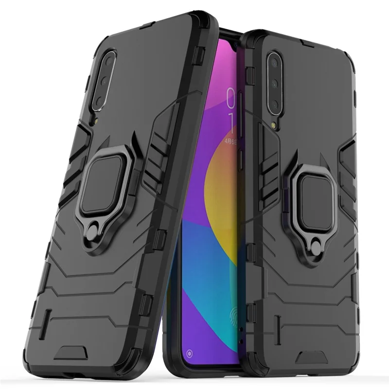 Suporte de Anel de Guarda Legal Kickstand Caso de Combinação de Plástico TPU para Xiaomi Mi 9 Lite/ Mi CC9/ Mi CC9 Edição Meitu - Preto