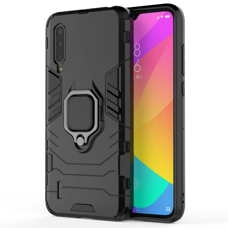 Suporte de Anel de Guarda Legal Kickstand Caso de Combinação de Plástico TPU para Xiaomi Mi 9 Lite/ Mi CC9/ Mi CC9 Edição Meitu - Preto