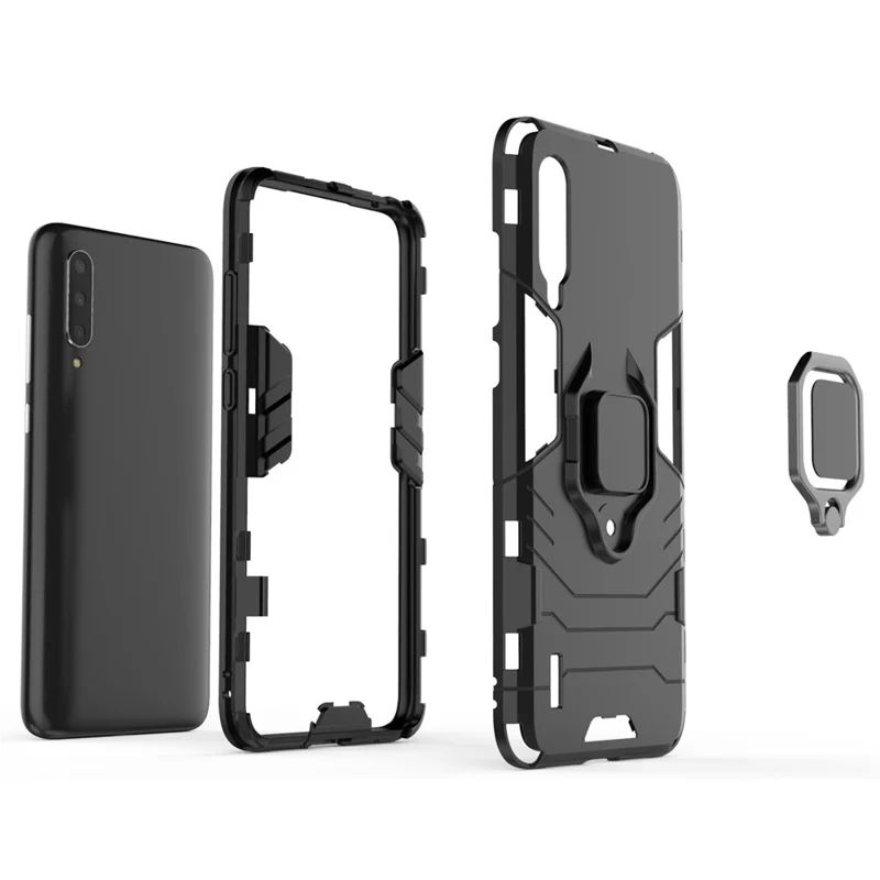 Suporte de Anel de Guarda Legal Kickstand Caso de Combinação de Plástico TPU para Xiaomi Mi 9 Lite/ Mi CC9/ Mi CC9 Edição Meitu - Preto