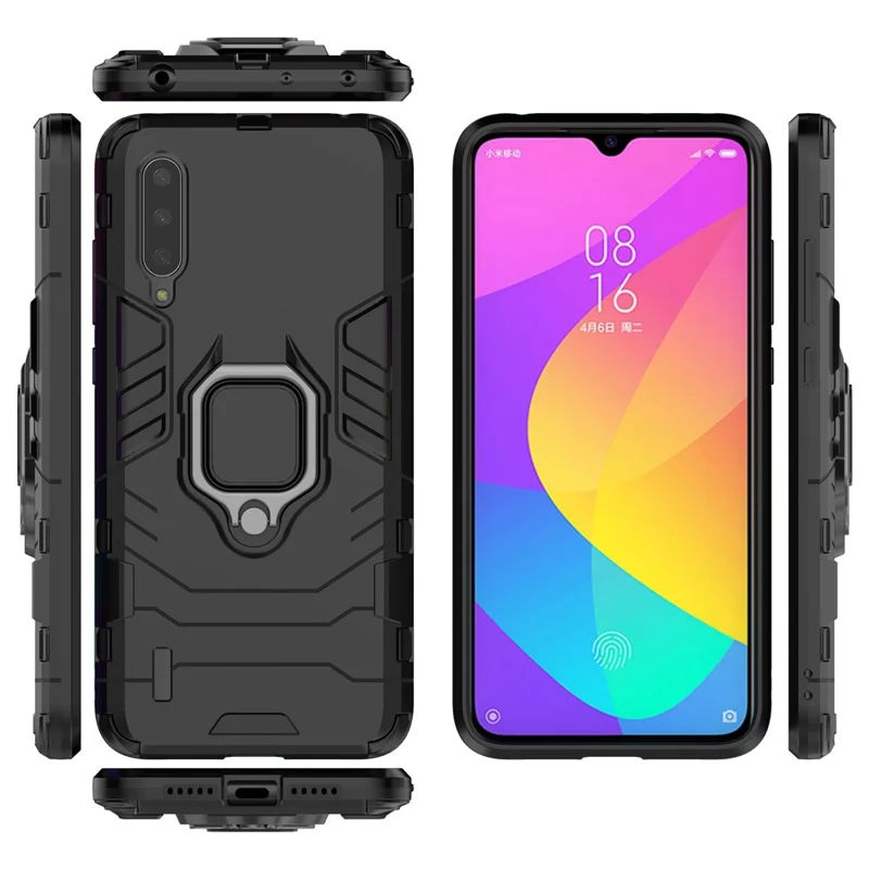 Suporte de Anel de Guarda Legal Kickstand Caso de Combinação de Plástico TPU para Xiaomi Mi 9 Lite/ Mi CC9/ Mi CC9 Edição Meitu - Preto