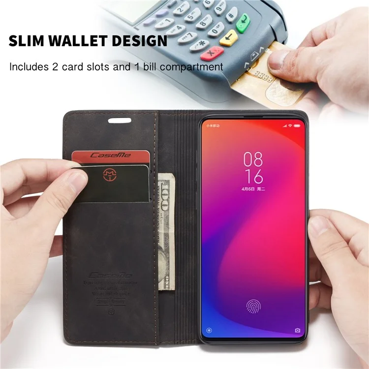 CASEME 013 Series Auto-absorbed Wallet Stand PU Leather Phone Cover for Xiaomi Redmi K20 Pro/Redmi K20/Mi 9T/Mi 9T Pro - Black