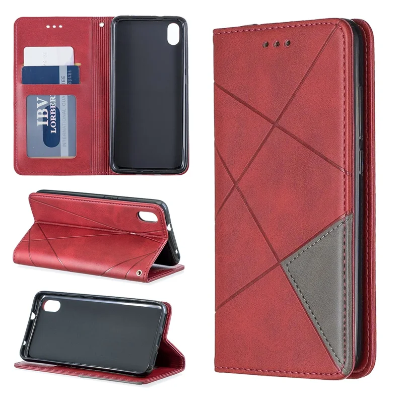 Geometric Pattern Leather Card Holder Case for Xiaomi Redmi 7A - Red