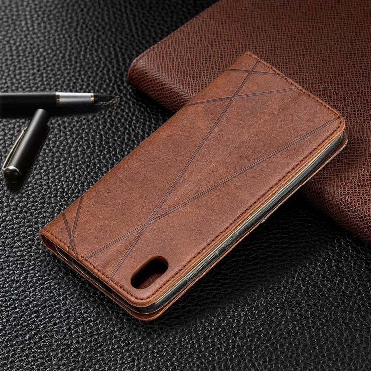 Estuche de Soporte de Tarjeta de Cuero de Patrón Geométrico Para Xiaomi Redmi 7a - Marrón