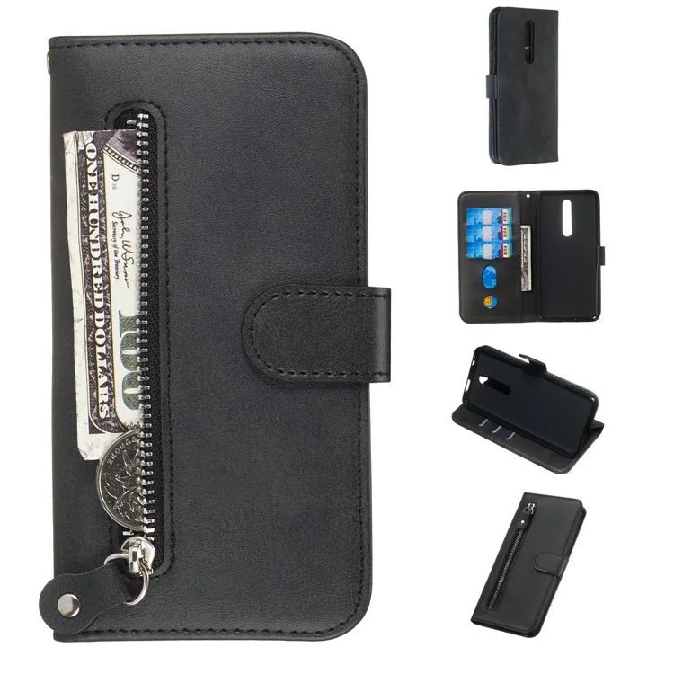 Funda de teléfono de cuero con cremallera, bolsillo y soporte para Xiaomi Redmi K20/Mi 9T/K20 Pro/Mi 9T Pro - Negro