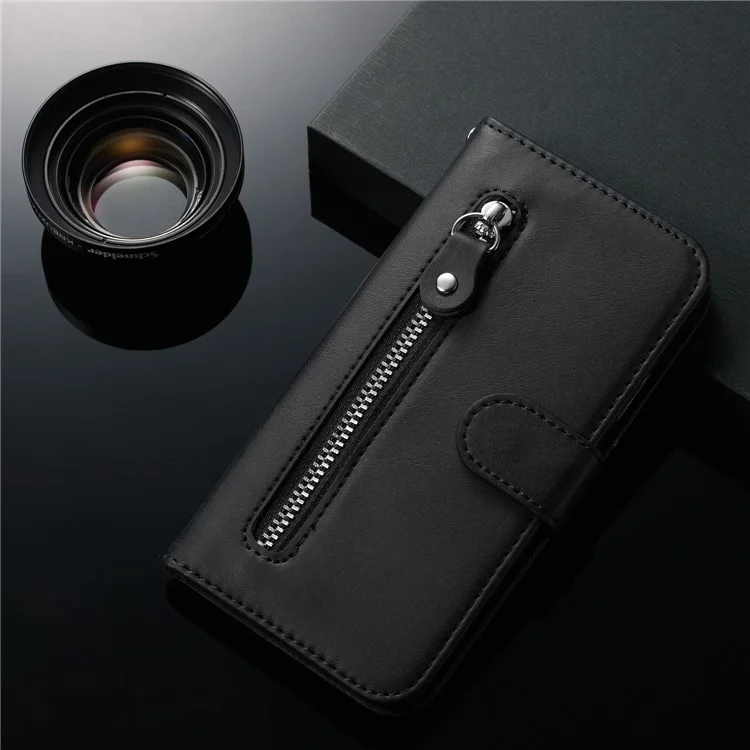 Funda de teléfono de cuero con cremallera, bolsillo y soporte para Xiaomi Redmi K20/Mi 9T/K20 Pro/Mi 9T Pro - Negro