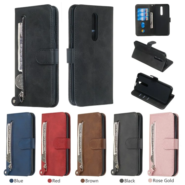 Funda de teléfono de cuero con cremallera, bolsillo y soporte para Xiaomi Redmi K20/Mi 9T/K20 Pro/Mi 9T Pro - Negro