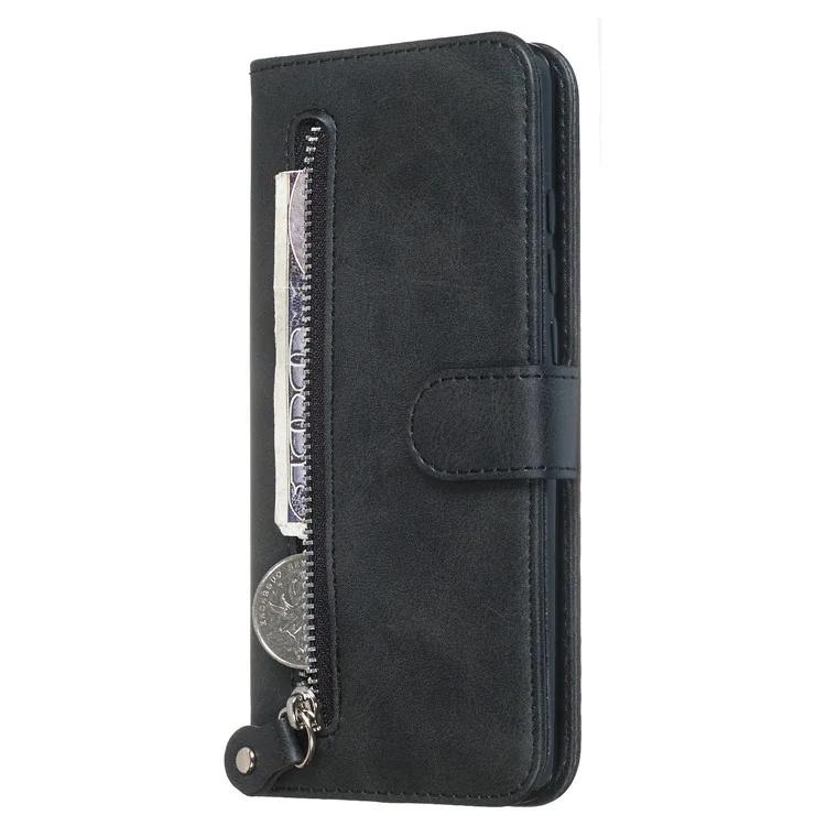 Funda de teléfono de cuero con cremallera, bolsillo y soporte para Xiaomi Redmi K20/Mi 9T/K20 Pro/Mi 9T Pro - Negro