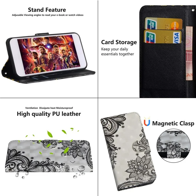 Light Spot Decor Pattern Printing Leather Cover with Stand Wallet Casing for Xiaomi Redmi Note 8 Pro - Black Flower