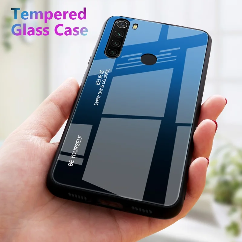 Gradient Color Glass + PC + TPU Hybrid Case Covering for Xiaomi Redmi Note 8 - Blue / Black