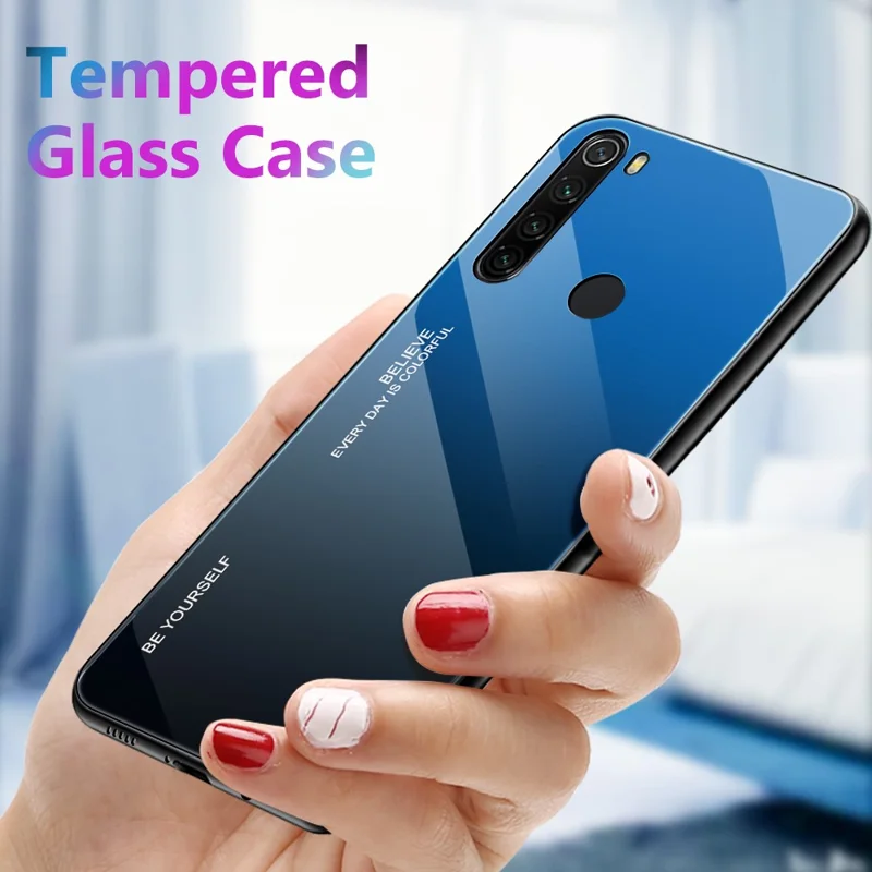 Gradient Color Glass + PC + TPU Hybrid Case Covering for Xiaomi Redmi Note 8 - Blue / Black
