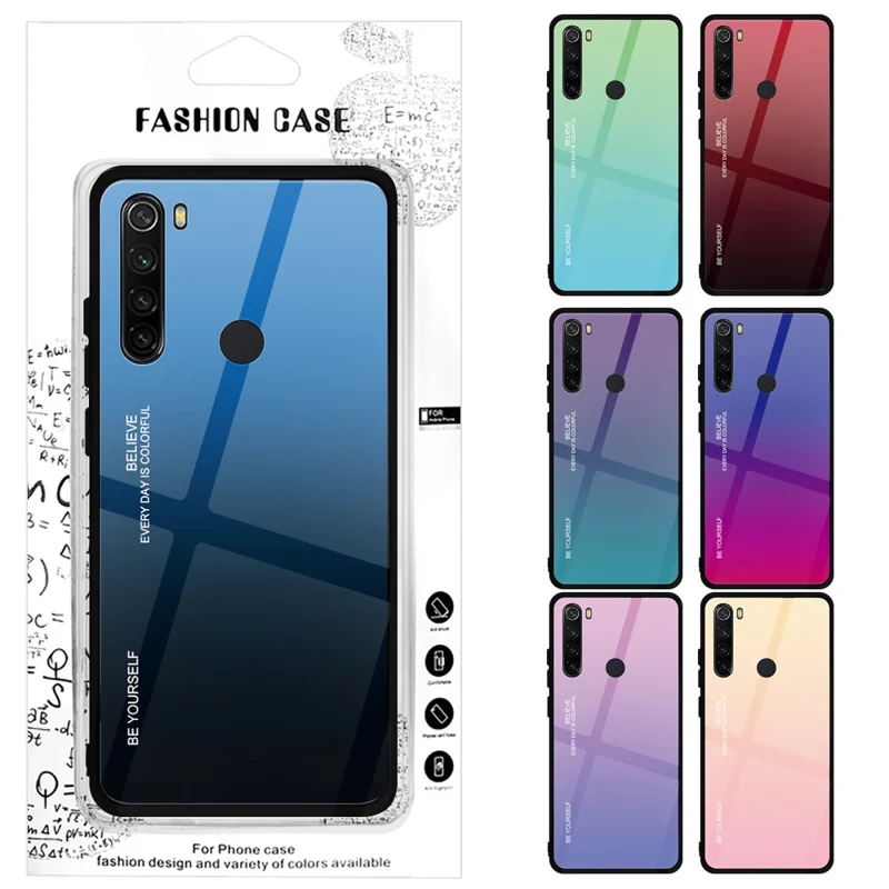 Gradient Color Glass + PC + TPU Hybrid Case Covering for Xiaomi Redmi Note 8 - Blue / Black