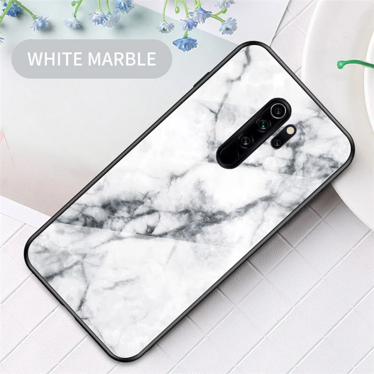 Étui hybride en verre trempé à texture de marbre + PC + TPU pour Xiaomi Redmi Note 8 Pro - Blanc