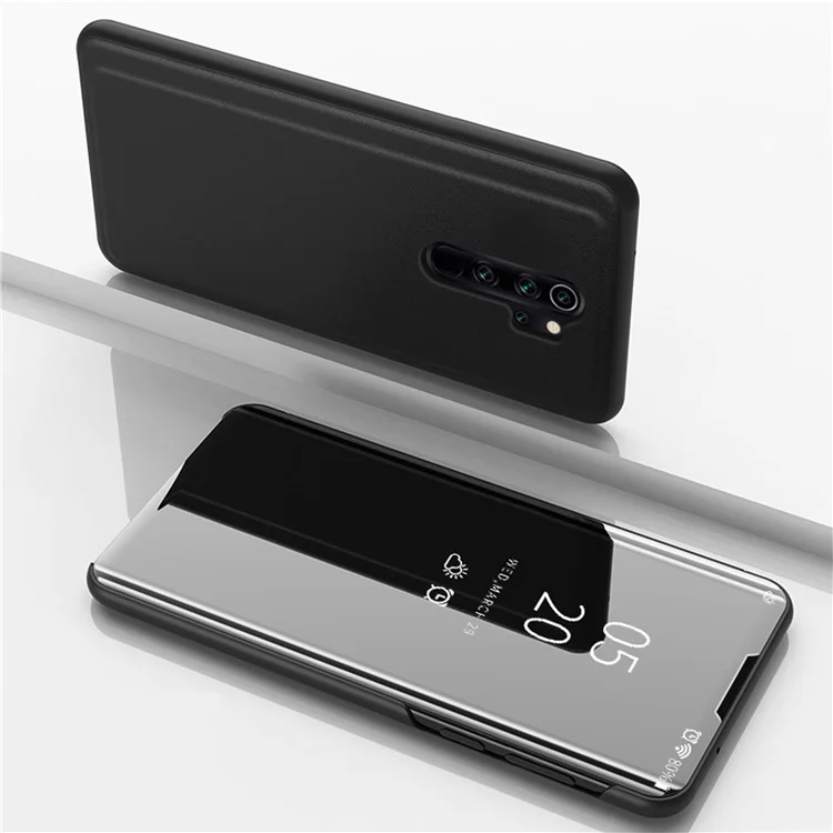 Plated Mirror Surface View Window Leather Phone Cover for Xiaomi Redmi Note 8 Pro - Black