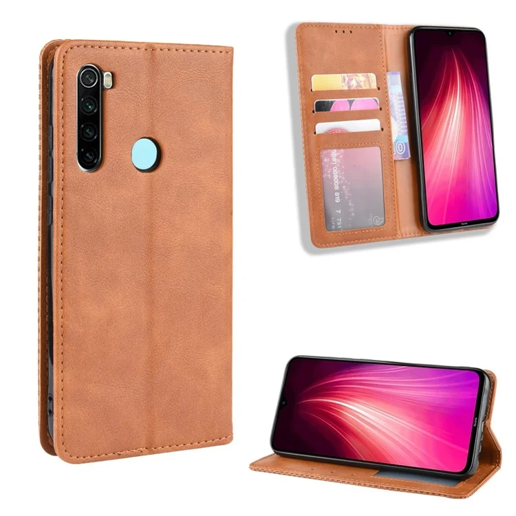 Auto-absorbé Coquille En Cuir PU Rétro Pour Xiaomi Redmi Note 8 - Marron