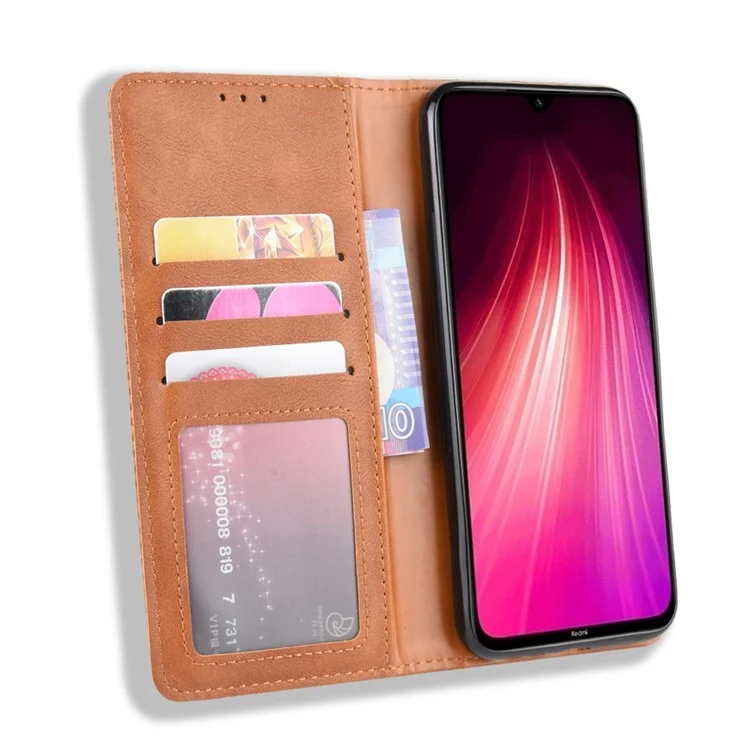 Auto-absorbé Coquille En Cuir PU Rétro Pour Xiaomi Redmi Note 8 - Marron