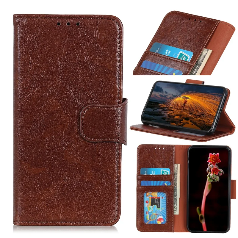 Split Leather Wallet Stand Covering Case Shell for Xiaomi Redmi Note 8 Pro - Coffee
