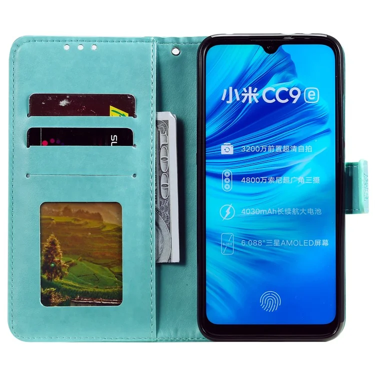 Imprint Sakura Cat Leather Stand Case with Card Slots for Xiaomi Mi CC9e / Mi A3 - Cyan