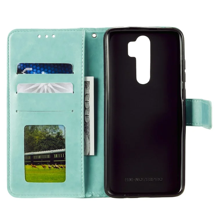 Imprint Flower Leather Wallet Phone Casing for Xiaomi Redmi Note 8 Pro - Cyan