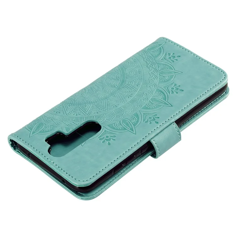 Imprint Flower Leather Wallet Phone Casing for Xiaomi Redmi Note 8 Pro - Cyan