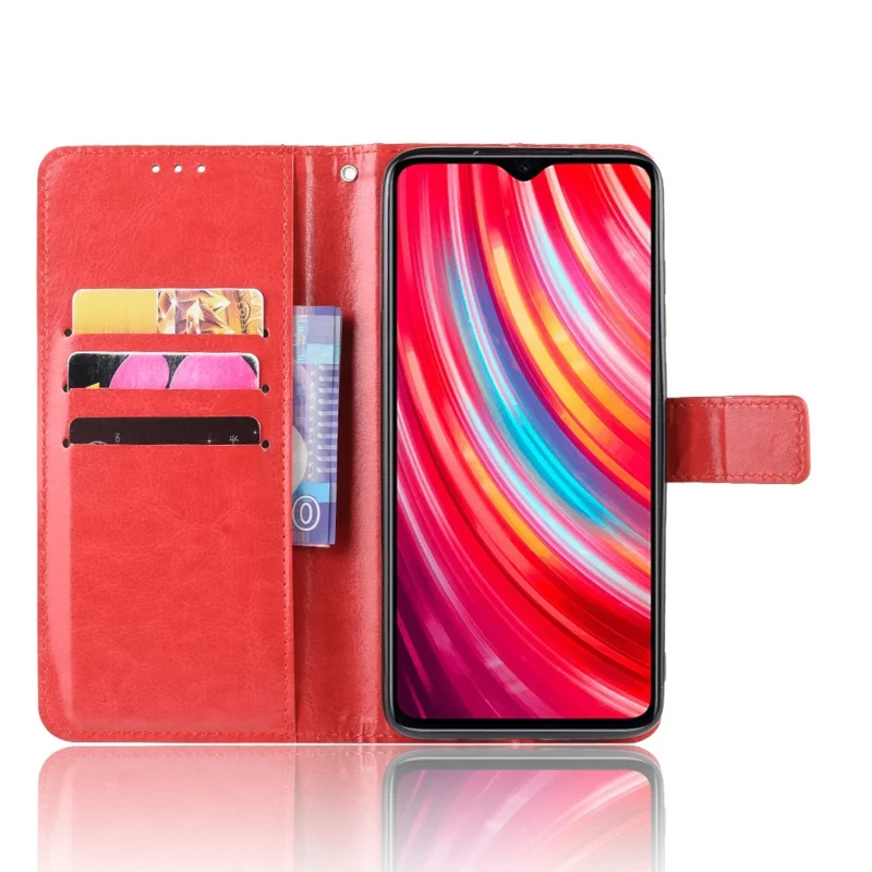 Crazy Horse Skin Leather Wallet Shell Case for Xiaomi Redmi Note 8 Pro - Red