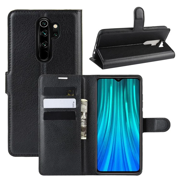 Litchi Skin Flip Leather Wallet Phone Case for Xiaomi Redmi Note 8 Pro Foldable Stand Phone Case - Black