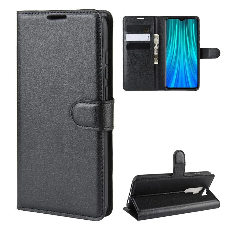 Litchi Skin Flip Leather Wallet Phone Case for Xiaomi Redmi Note 8 Pro Foldable Stand Phone Case - Black