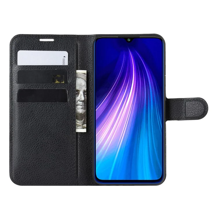 Litchi Skin Leather Wallet Stand Phone Case for Xiaomi Redmi Note 8 (2019 / 2021) - Black