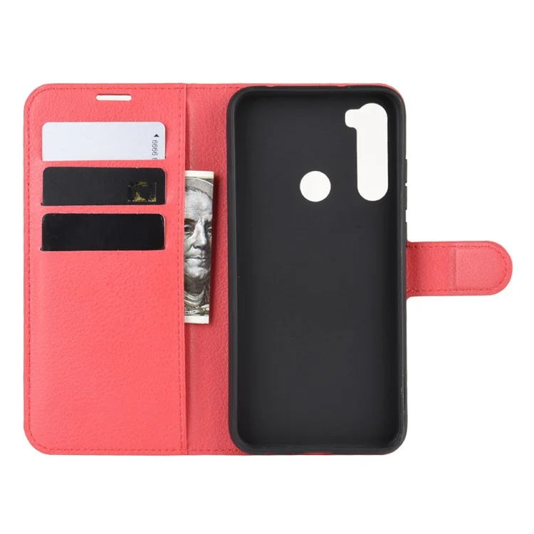 Litchi Skin Leather Willet Stand Case de Teléfono Para Xiaomi Redmi Note 8 (2019/2021) - Rojo