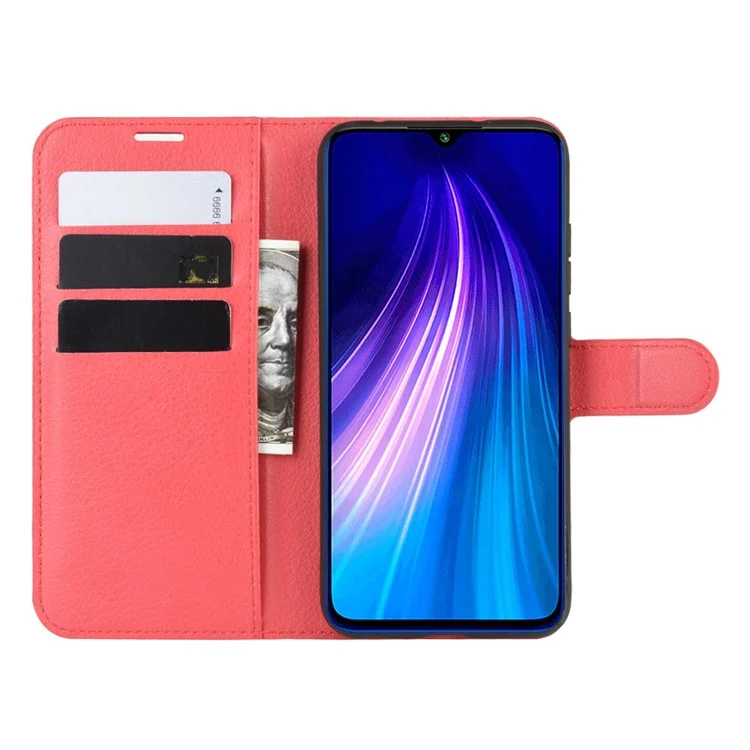 Litchi Skin Leder Brieftaschenstand Telefonhülle Für Xiaomi Redmi Note 8 (2019/2021) - Rot