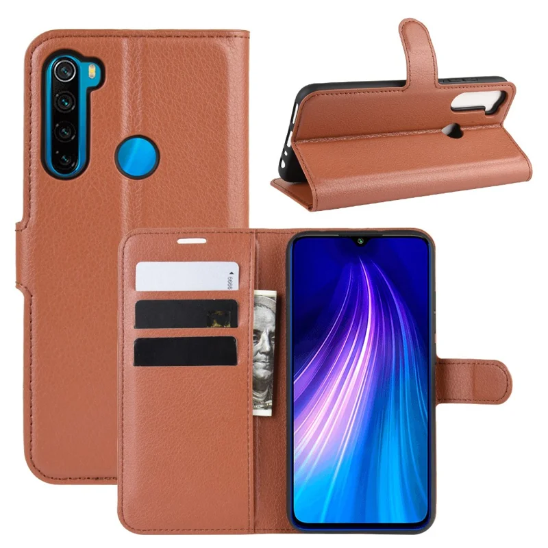 Funda de cuero textura litchi con billetera y soporte para Xiaomi Redmi Note 8 (2019 / 2021) - Marrón