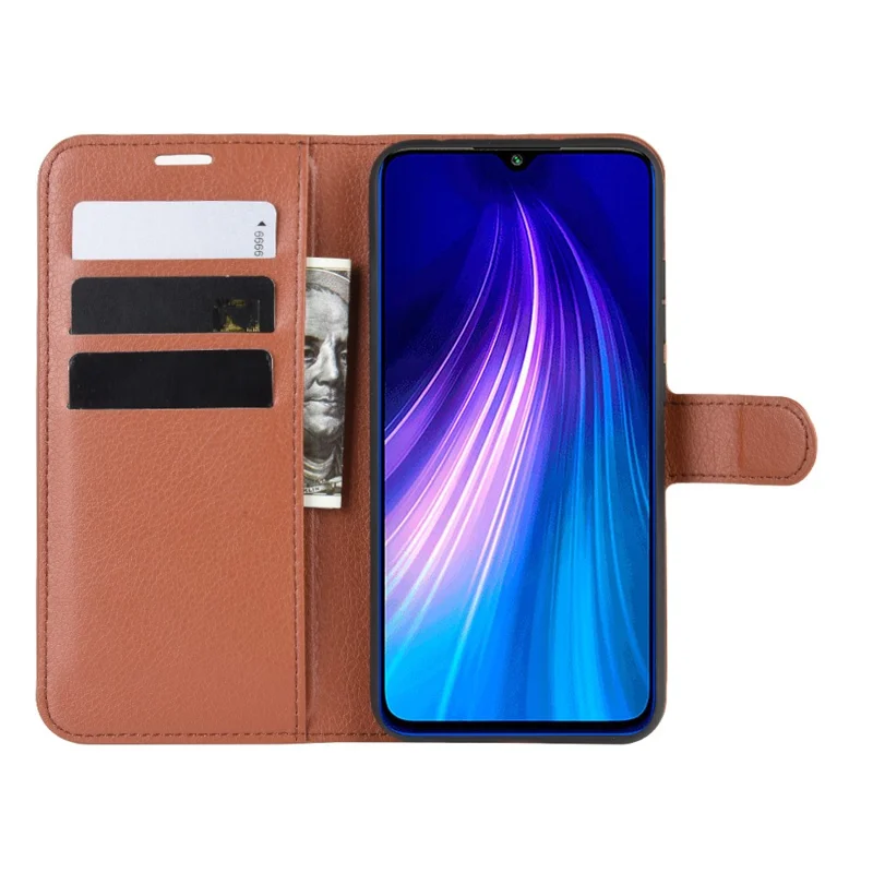 Funda de cuero textura litchi con billetera y soporte para Xiaomi Redmi Note 8 (2019 / 2021) - Marrón