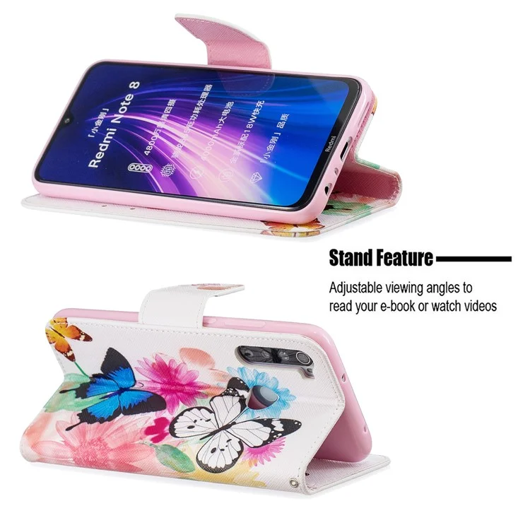 Impresión de Patrones PU Cuero Flip Stand Cell Cell Cell Para Xiaomi Redmi Note 8 - Mariposas