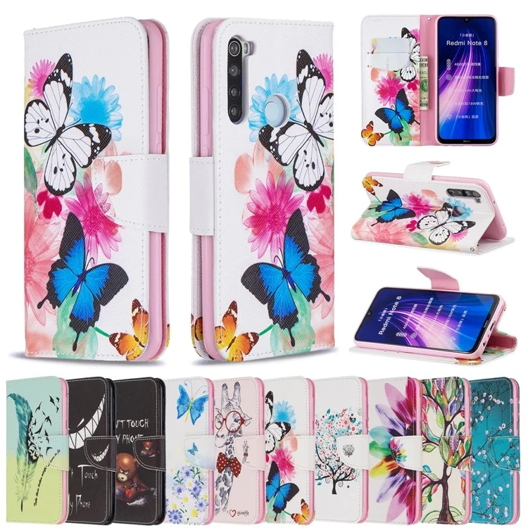 Pattern Printing PU Leather Flip Stand Phone Cell Shell for Xiaomi Redmi Note 8 - Butterflies