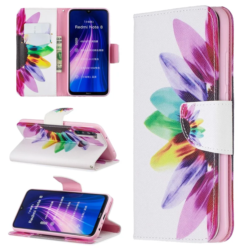 Pattern Printing PU Leather Flip Stand Phone Cell Shell for Xiaomi Redmi Note 8 - Colorized Flower