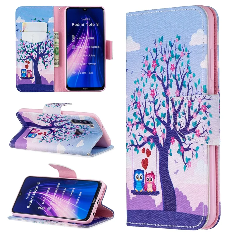 Pattern Printing Cross Texture Wallet Stand Flip Leather Case for Xiaomi Redmi Note 8 - Tree