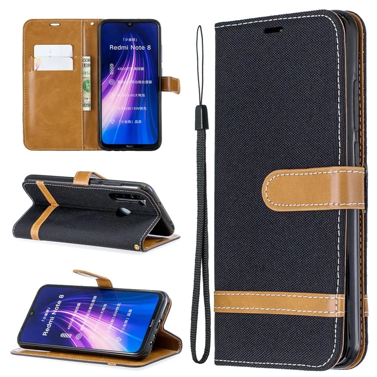 Sortierte Farbjeans -stoff Leder Brieftasche Muschel Für Xiaomi Redmi Note 8 - Schwarz