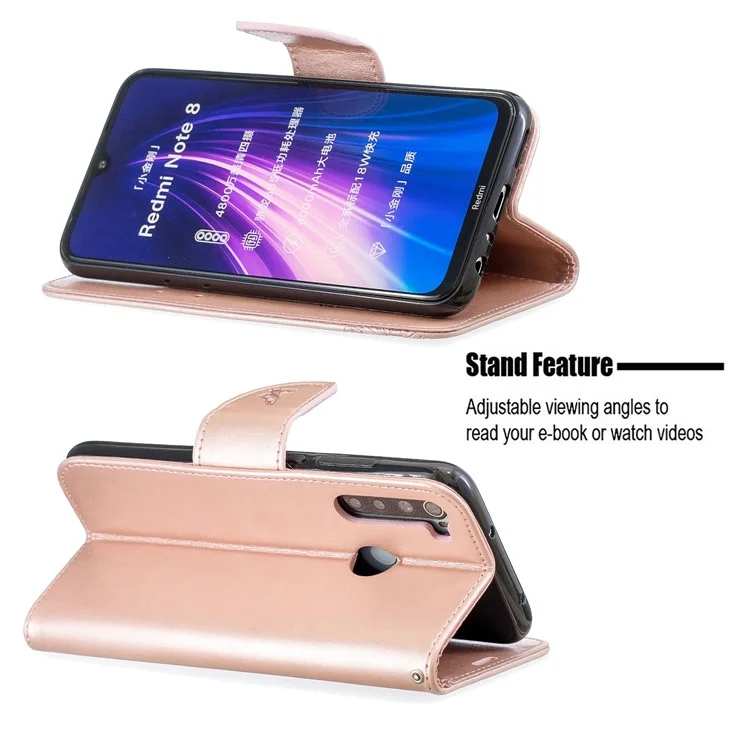 Imprint Butterfly Stand Leather Wallet Case Для Xiaomi Redmi Note 8 - Розовое Золото