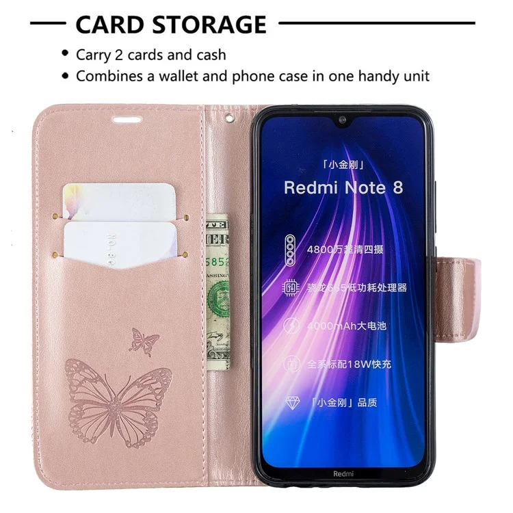 Imprint Butterfly Stand Leather Wallet Case Для Xiaomi Redmi Note 8 - Розовое Золото