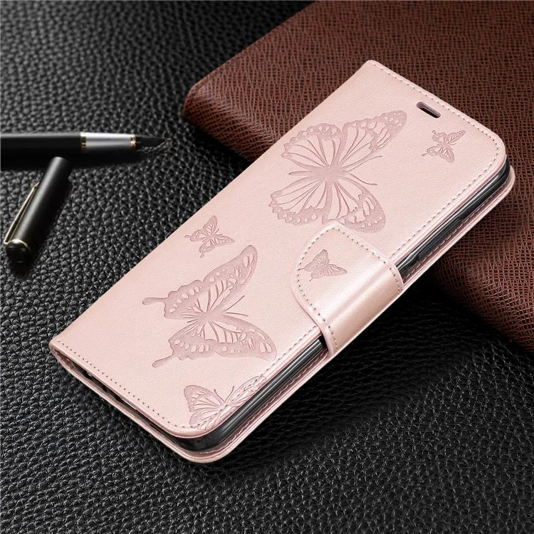 Imprint Butterfly Stand Leather Wallet Case Для Xiaomi Redmi Note 8 - Розовое Золото