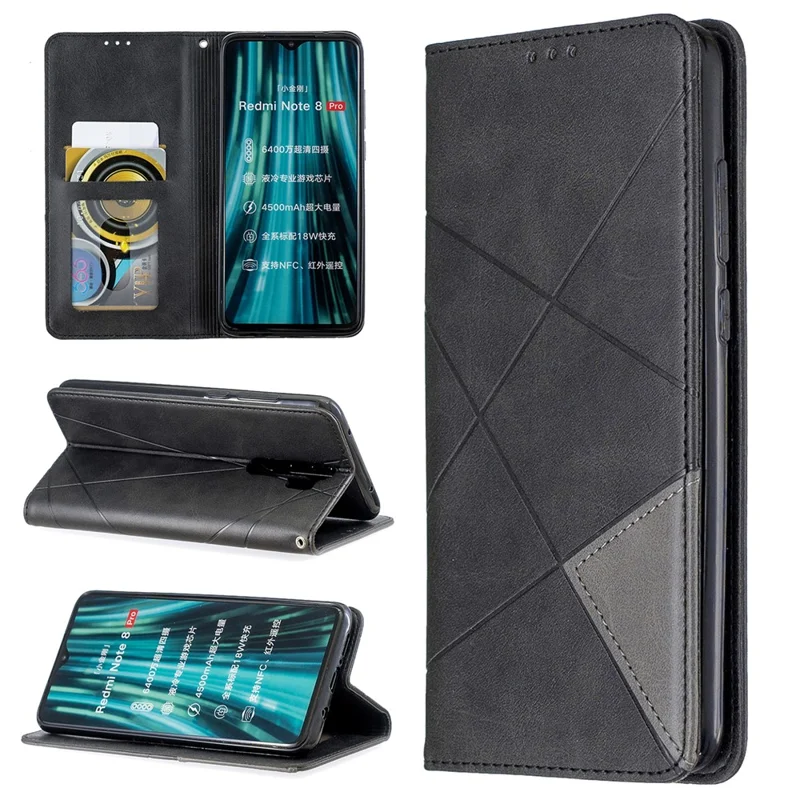 Geometric Pattern Stand Leather Card Holder Case for Xiaomi Redmi Note 8 Pro - Black