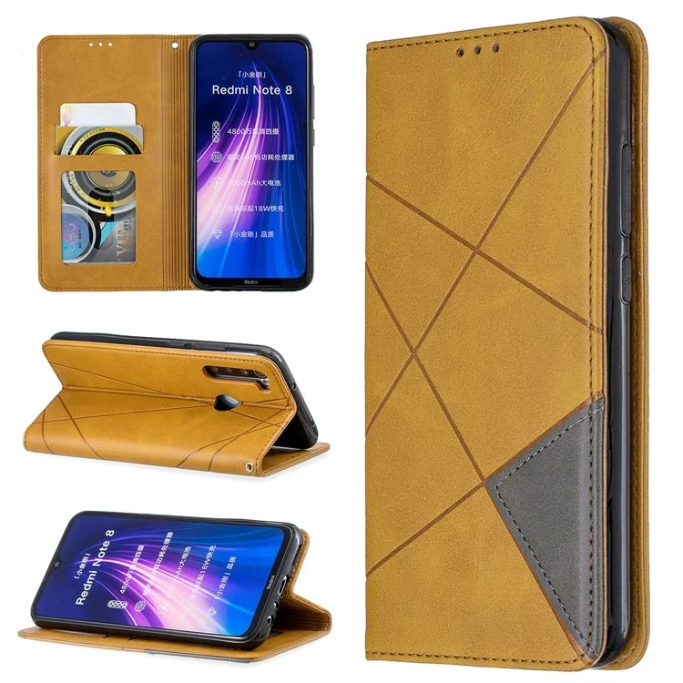 Estuche de Tarjetas de Cuero de Stand de Patrón Geométrico Para Xiaomi Redmi Note 8 - Marrón