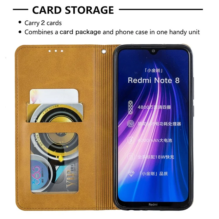 Estuche de Tarjetas de Cuero de Stand de Patrón Geométrico Para Xiaomi Redmi Note 8 - Marrón